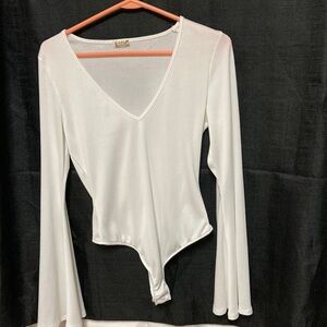 Free People White Asymmetrical Bell Sleeve Bodysuit
